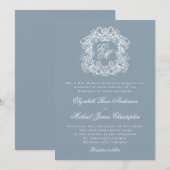 Dusty Blue Elegant Monogram Crest Wedding 招待状 (正面/裏面)