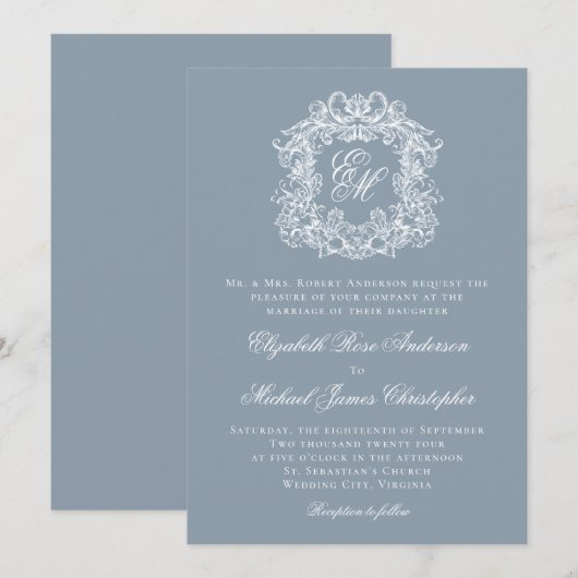 Dusty Blue Elegant Monogram Crest Wedding 招待状 (正面/裏面)