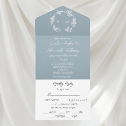 Dusty Blue Elegant Rustic Wreath Simple Unique  オールインワン招待状