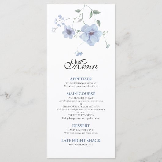 Dusty Blue Elegant Watercolor Floral Wedding メニュー (正面)