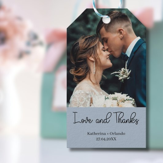 Dusty Blue Elegant Wedding Love and Thanks Photo ギフトタグ