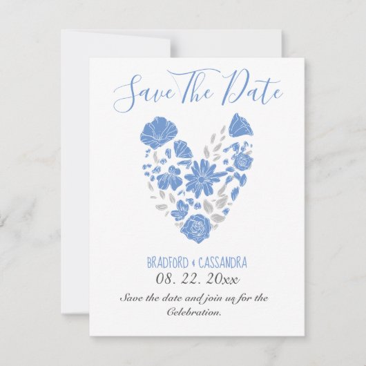 Dusty Blue Elegant White Gray Floral Heart Wedding セーブザデート (正面)