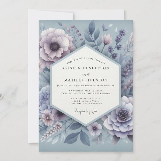 Dusty Blue Ethereal Bloom Wedding 招待状 (正面)