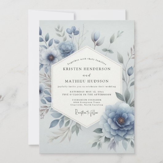 Dusty Blue Ethereal Floral Wedding 招待状 (正面)
