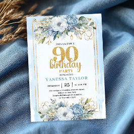Dusty Blue Eucalyptus 90th Birthday Elegant Invite 招待状