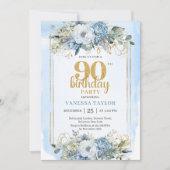 Dusty Blue Eucalyptus 90th Birthday Elegant Invite 招待状 (正面)