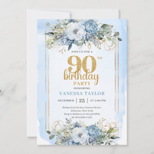 Dusty Blue Eucalyptus 90th Birthday Elegant Invite 招待状 (正面)