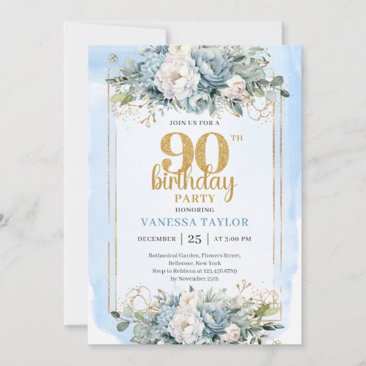 Dusty Blue Eucalyptus Gold 90th Birthday Milestone 招待状 (正面)