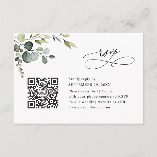 Dusty Blue Eucalyptus Greenery Wedding RSVP Card 招待状 (正面)