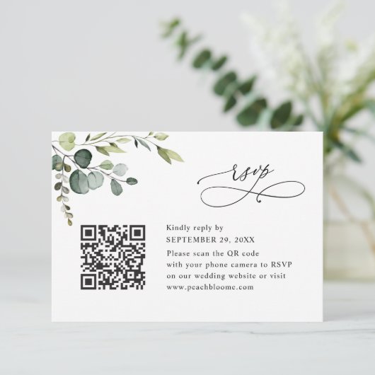 Dusty Blue Eucalyptus Greenery Wedding RSVP Card 招待状 (スタンド正面)