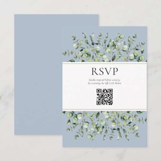 Dusty Blue Eucalyptus QR Code Wedding RSVP  エンクロージャーカード (正面/裏面)