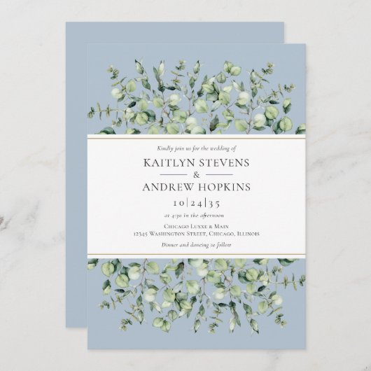 Dusty Blue Eucalyptus  Wedding 招待状 (正面/裏面)