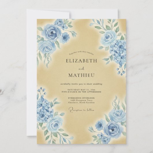 Dusty Blue Exquisite Vintage Wedding 招待状 (正面)