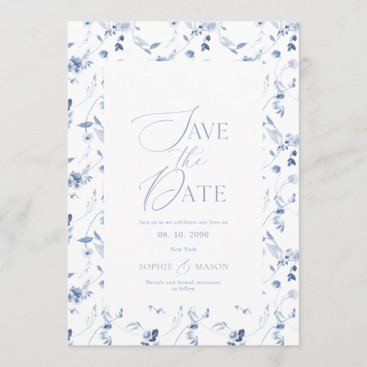 Dusty Blue Fine Art Floral Save the Date Card 招待状 (正面)