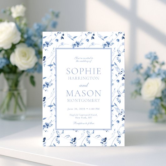 Dusty Blue Fine Art Floral Wedding Invitation 招待状
