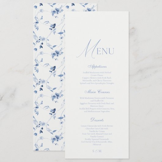 Dusty Blue Fine Art Floral Wedding Menu 招待状 (正面/裏面)