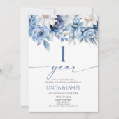 Dusty Blue Floral 1st Wedding Anniversary 招待状 (正面)