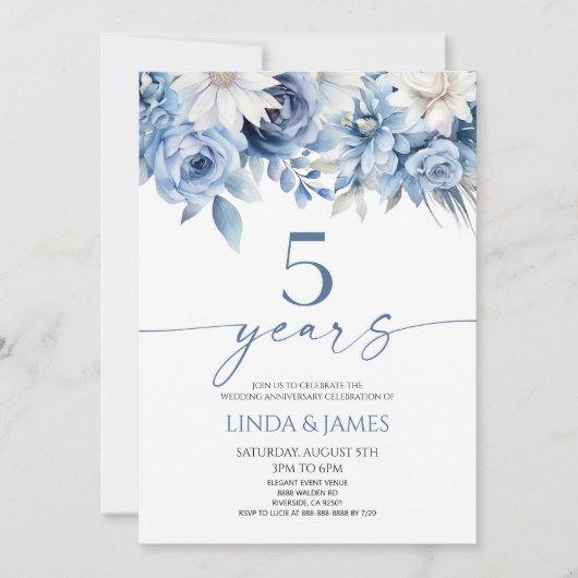 Dusty Blue Floral 5th Wedding Anniversary 招待状 (正面)