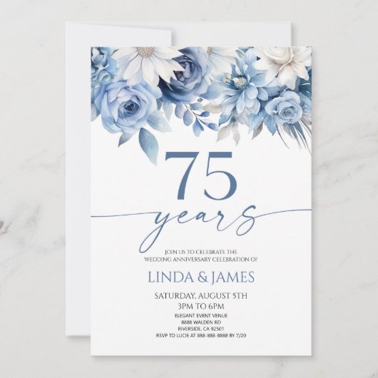 Dusty Blue Floral 75th Wedding Anniversary 招待状 (正面)