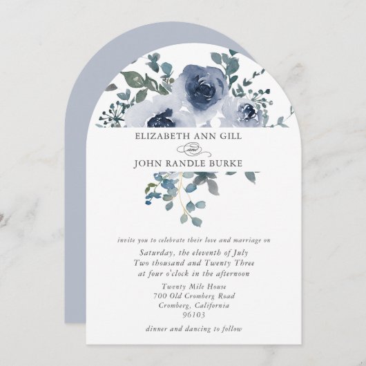 Dusty Blue Floral and Grey Arch Wedding Invitation 招待状 (正面/裏面)