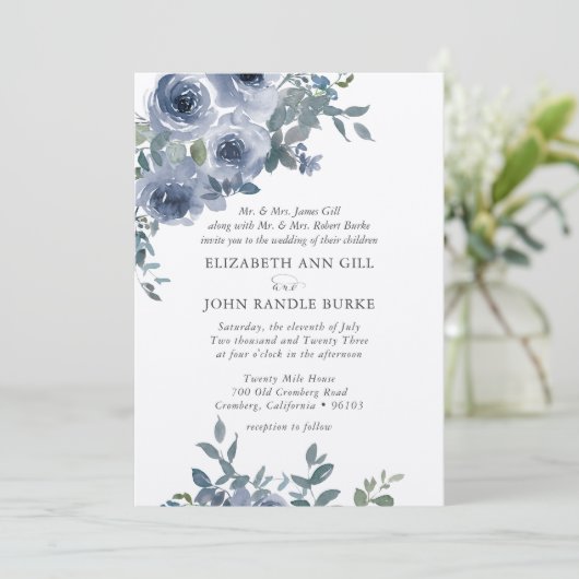 Dusty Blue Floral and Grey Formal Wedding Invite 招待状 (スタンド正面)