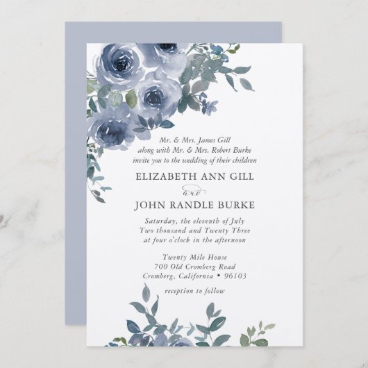 Dusty Blue Floral and Grey Formal Wedding Invite 招待状 (正面/裏面)