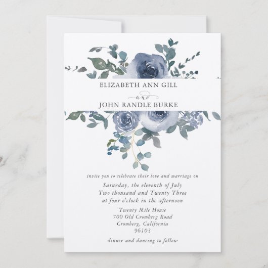 Dusty Blue Floral and Grey Wedding Invitation 招待状 (正面)