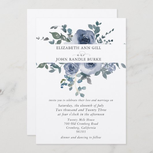 Dusty Blue Floral and Grey Wedding Invitation 招待状 (正面/裏面)