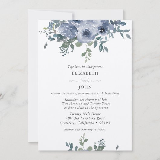 Dusty Blue Floral and Grey Wedding Invitation 招待状 (正面)
