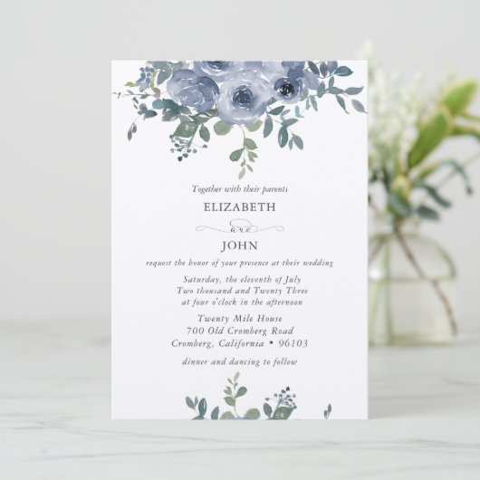 Dusty Blue Floral and Grey Wedding Invitation 招待状 (スタンド正面)