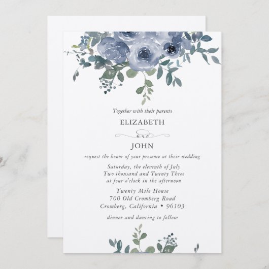 Dusty Blue Floral and Grey Wedding Invitation 招待状 (正面/裏面)