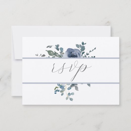Dusty Blue Floral and Grey Wedding RSVP 招待状 (正面)