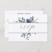 Dusty Blue Floral and Grey Wedding RSVP 招待状 (正面/裏面)