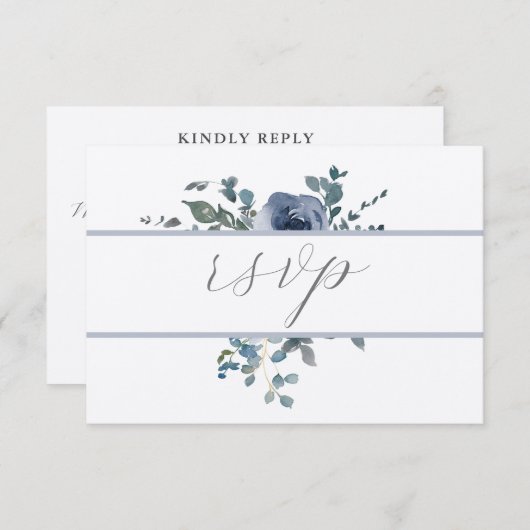 Dusty Blue Floral and Grey Wedding RSVP 招待状 (正面/裏面)
