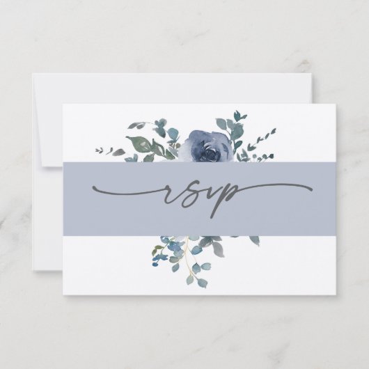 Dusty Blue Floral and Grey Wedding RSVP 招待状 (正面)
