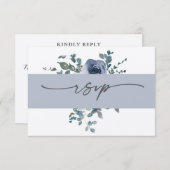Dusty Blue Floral and Grey Wedding RSVP 招待状 (正面/裏面)