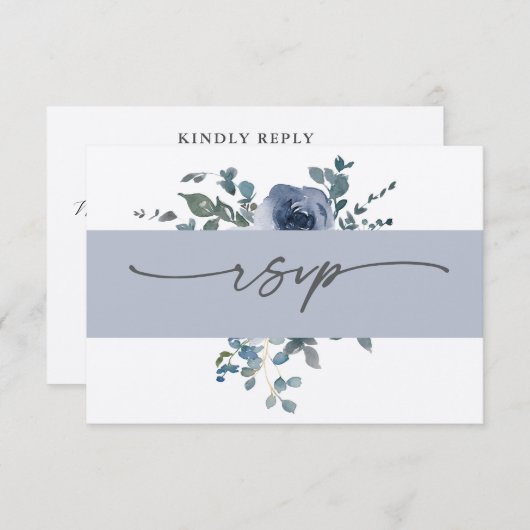 Dusty Blue Floral and Grey Wedding RSVP 招待状 (正面/裏面)