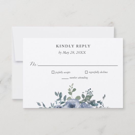 Dusty Blue Floral and Grey Wedding RSVP 招待状 (裏面)