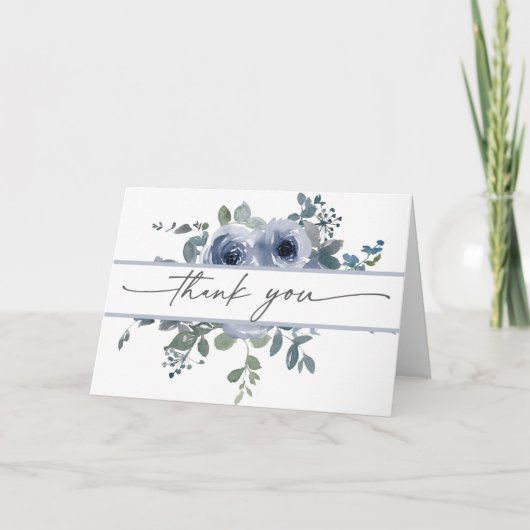 Dusty Blue Floral and Grey Wedding Thank You Card サンキューカード (正面)