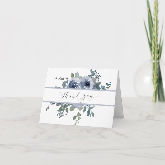 Dusty Blue Floral and Grey Wedding Thank You Card サンキューカード (正面)