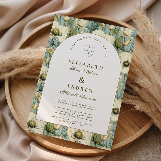 Dusty Blue Floral Arch Garden Wedding 招待状