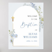 Dusty Blue Floral Arched Boy Baptism Welcome Sign ポスター (正面)