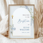 Dusty Blue Floral Arched Boy Baptism Welcome Sign ポスター