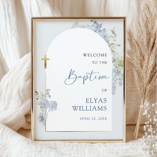 Dusty Blue Floral Arched Boy Baptism Welcome Sign ポスター
