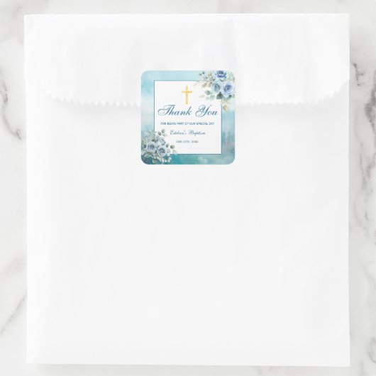 Dusty Blue Floral Baptism Boy  スクエアシール (バッグ)