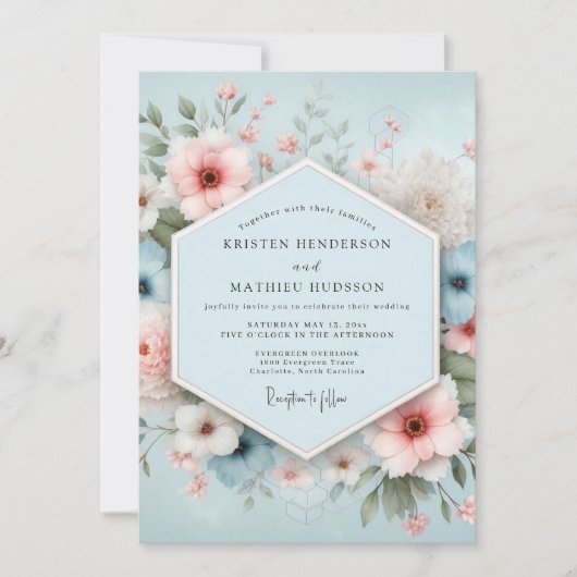 Dusty Blue Floral Bliss Wedding 招待状 (正面)