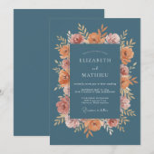 Dusty Blue Floral Bloom Wedding 招待状 (正面/裏面)