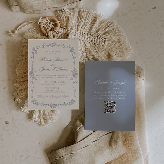 Dusty Blue Floral Boho Botanical QR Code Wedding 招待状