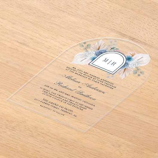 Dusty Blue Floral Boho Pampas Wedding アクリル招待状 (レイダウン)