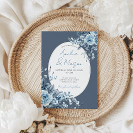 Dusty Blue Floral Botanical Elegant Wedding 招待状
